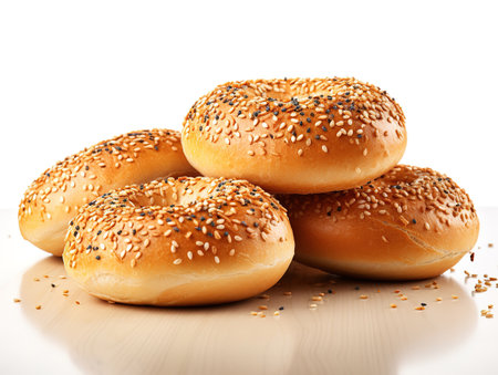 Top view of pattern of bagels on white backgroundの素材