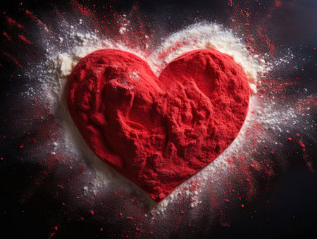 Top view white flour in heart shape on gray background flour biscuit dough colorの素材