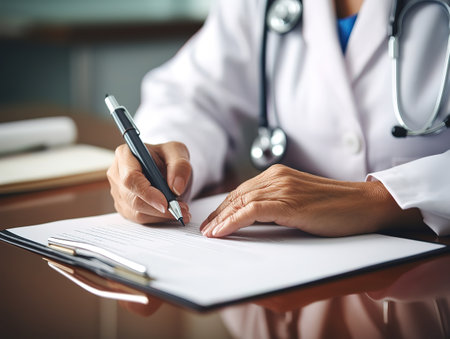 Hands of general practitioner filling paper medical recordsの素材