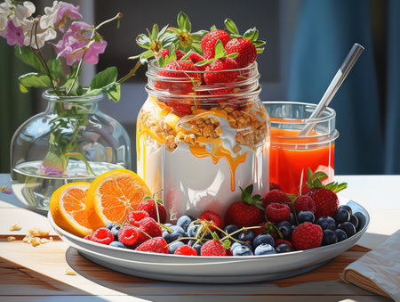 High angle of oatmeal bowl with raspberries and copy spaceの素材