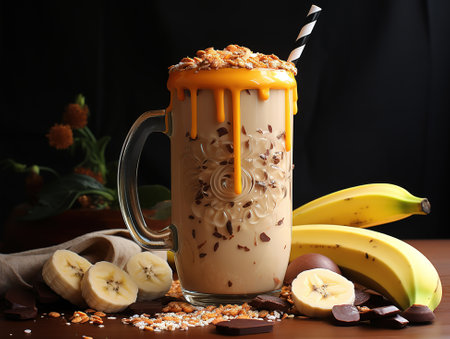 Banana and oats smoothies in glass with fresh banana slicedの素材