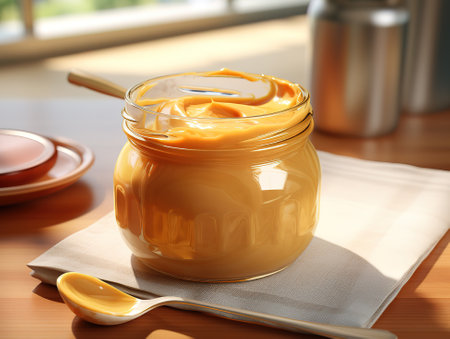 Peanut butter in a glass jar peanuts kitchen knife on white background healthy vegan foodの素材