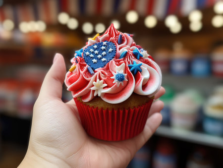 Cupcakes with sprinkles and paper usa flagsの素材