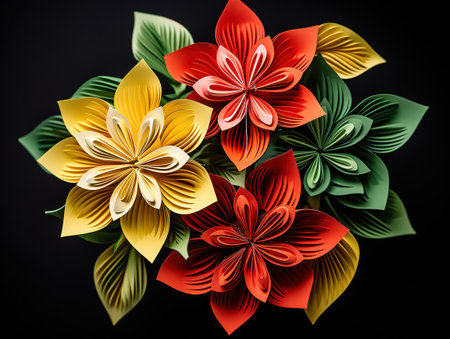 Group of seven red tropical flowers isolated on blackの素材