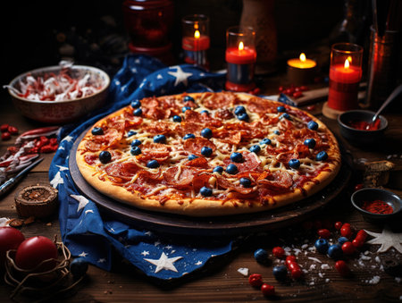 Lovely arrangement for valentines day dinner with heart shaped pizzaの素材