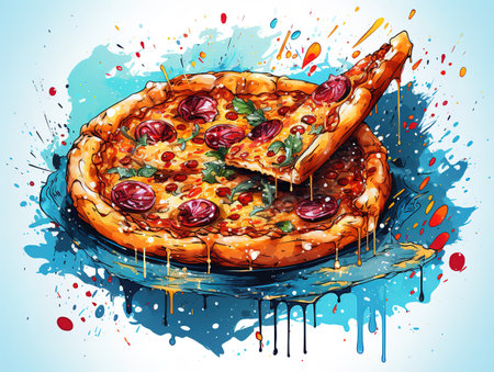 Pizza with vegetables, chicken, ham and olives isolated on whiteの素材