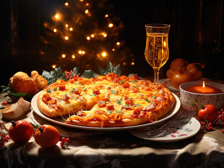 Pizza and calamary rings mushroom tomato bell peppers plives chicken ketchup top viewの素材
