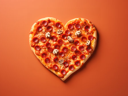Two pizza in the form of a heart on a beige table with a red heartの素材
