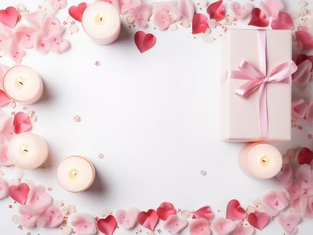 Flowers near present box and chocolate candiesの素材