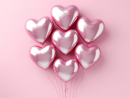 Pink heart shaped balloons on pink backgroundの素材