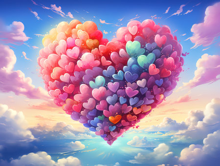 A heart shaped balloon in the clouds with the words love in the middleの素材