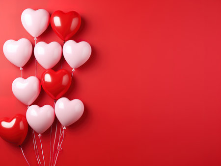 Red balloons in shape of heart on pink backgroundの素材