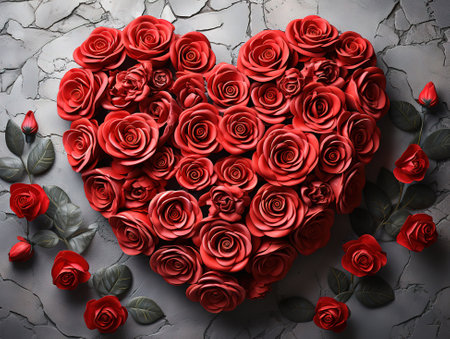 Red roses with box in heart shape on tableの素材