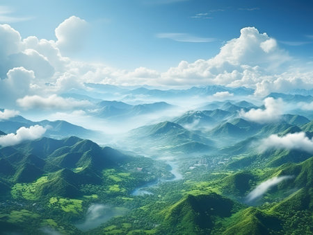 3d landscape of grassy hill with clouds in a blue skyの素材