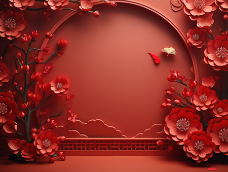 Chinese new year festival decorations on a redの素材