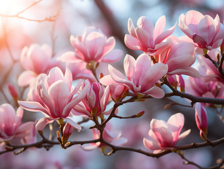 Tree in blossom with sun raysの素材