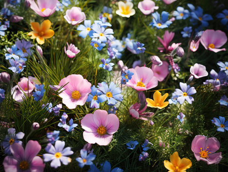 A close up of a field of flowers with a butterfly in the middleの素材