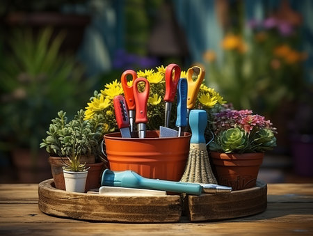 An overhead view of potted plants with gardening tools on white wooden deskの素材