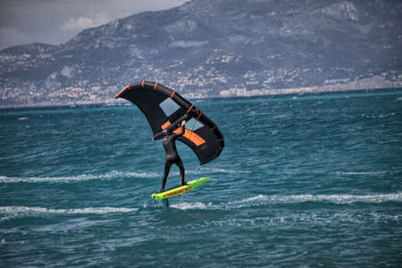 Kitesurfing on the Mediterranean Seaの写真素材