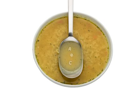 Alphabet soup with the letters A B C spelled in noodlesの写真素材