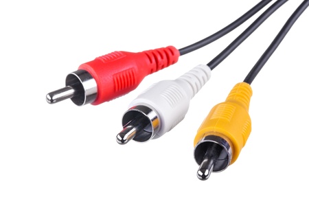 red, white and yellow male cinch plugs, isolated on white background