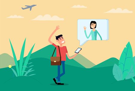 A guy with a student exchange student communicates via video link with his mother or girlfriend. High quality vector illustration in flat style.のイラスト素材