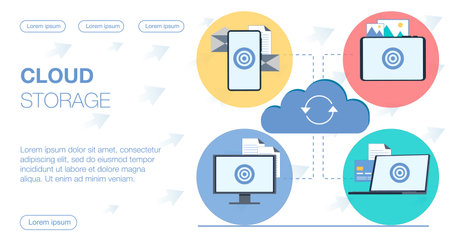 cloud storage synchronizes data from different devices tablet laptop phone smartphone computer where the documents are stored files letters cards vector flat illustrationのイラスト素材