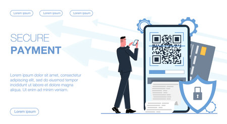 a businessman makes a secure payment from his phone using a card and a QR code flat vector illustrationのイラスト素材