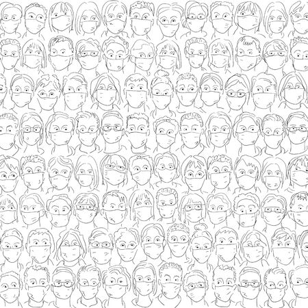 vector drawing with many faces with masks to protect the virusのイラスト素材