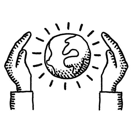 world and hand, digital painting, symbol of environmental protectionの写真素材