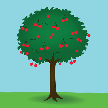 Cherry tree with leaves and fruits, isolated vector illustration.のイラスト素材