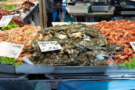 Rialto fish market in the city of Venice, Italy, Europe.の写真素材