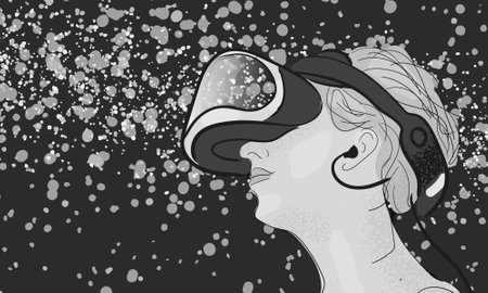 Gamer with virtual reality viewer, simulator device, vector illustration.のイラスト素材