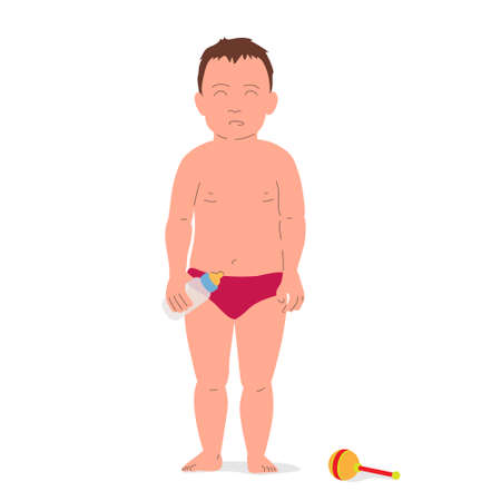 Baby standing with milk bottle, vector illustration.のイラスト素材