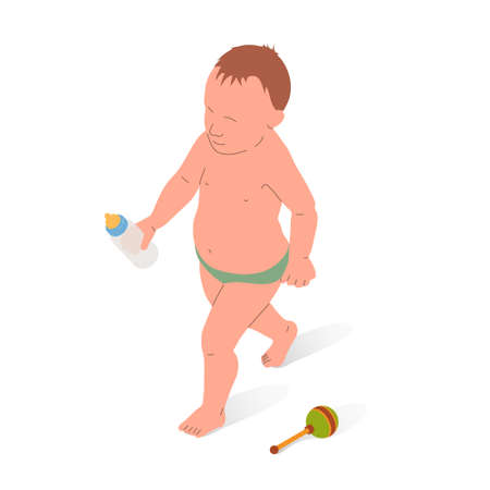 Baby standing with milk bottle, vector illustration.のイラスト素材