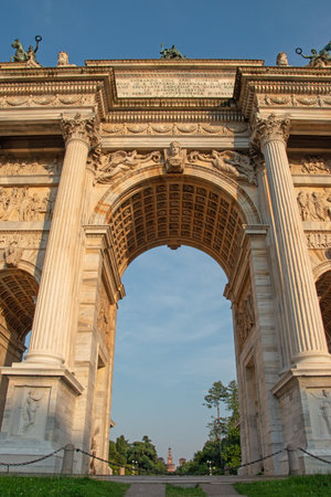 The Arco della Pace in Corso Sempione, a triumphal arch in Milan, Lombardy region, Italy.の写真素材
