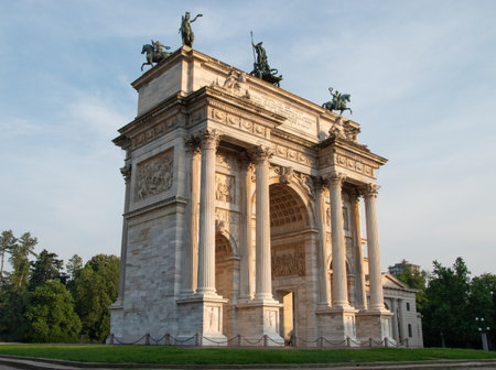 The Arco della Pace in Corso Sempione, a triumphal arch in Milan, Lombardy region, Italy.の写真素材