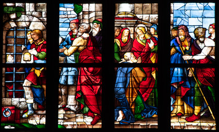 Stained Glass, Detail of Milan Cathedral, Ancient Christian Cathedral, Italy, Europeの写真素材