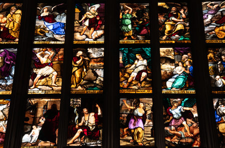 Stained Glass, Detail of Milan Cathedral, Ancient Christian Cathedral, Italy, Europeの写真素材