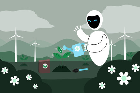 Illustration of a green robot working in the field with wind turbinesのイラスト素材
