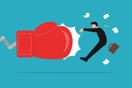 Businessman falling from a big red boxing glove. business challenge knockout concept. Flat design vector illustration.のイラスト素材