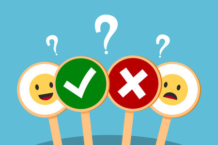 Cross mark with emoticon and question markk. Feedback signs with emojis concept. Vector illustration.のイラスト素材