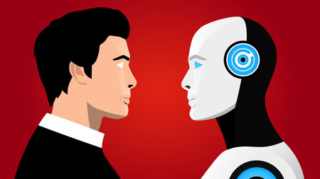 Robot and human face to face. Artificial intelligence concept. Vector illustration.のイラスト素材
