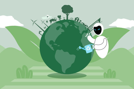 Robot save the planet. Sustainable solutions through technology concept. Vector illustrationのイラスト素材