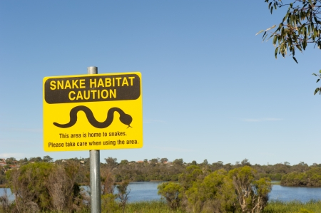 Yellow Snake warning sign in wetland park adjacent to residential area in the city of Perth, Western Australia, with blue sky as background and copy space.の写真素材