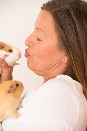 Portrait happy smiling attractive mature woman kissing guinea pig pets, isolated, bright background.の写真素材