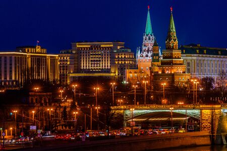 Moscow Kremlin, palaces and cathedrals as viewed at night in different seasons. The Kremlin is registered as UNESCO world heritage site.のeditorial素材