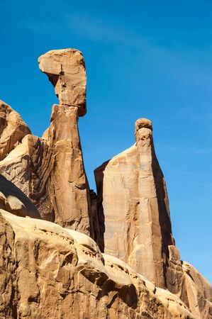 Balanced Rock Outcrop, Arches National Park, Moab, Utahの写真素材