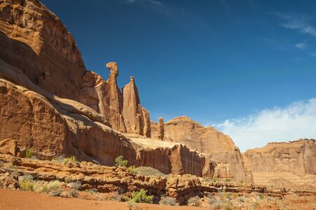 Balanced Rock Outcrop, Arches National Park, Moab, Utahの写真素材