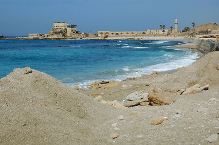 The Mediterranean coast at the Ancient Port Caesarea Maritima, Israelの写真素材